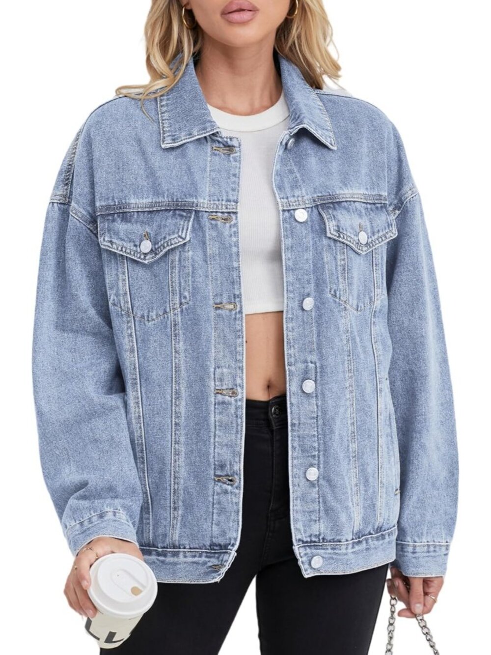 Women's Light Blue Long Oversize Comfort Denim Jean Jackets Trendy Trucker Coats